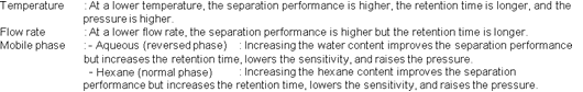 [Temperature]At a lower temperature, the separation performance is higher, the retention time is longer, and the pressure is higher.[Flow rate] At a lower flow rate, the separation performance is higher but the retention time is longer.[Mobile phase]- Aqueous (reversed phase):Increasing the water content improves the separation performance but increases the retention time, lowers the sensitivity, and raises the pressure.- Hexane (normal phase):Increasing the hexane content improves the separation performance but increases the retention time, lowers the sensitivity, and raises the pressure.
